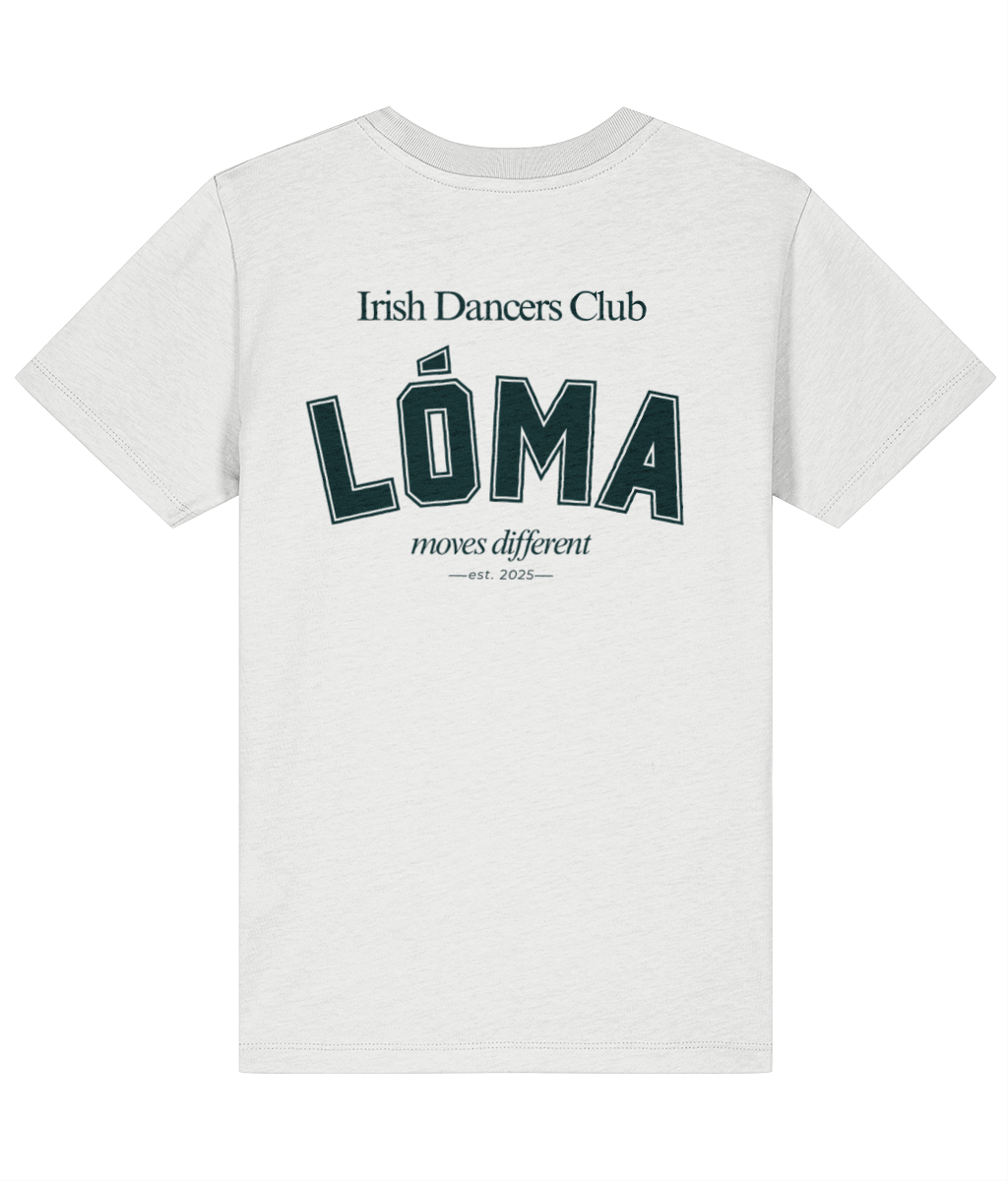 LÓMA Club Tee in White with Evergreen varsity back print