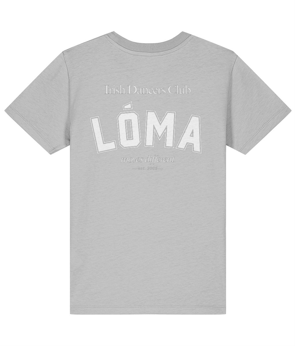 Heather Grey LÓMA Club Tee for kids with varsity Irish Dancers Club back print