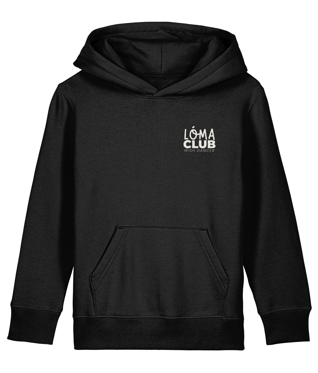 Black LÓMA Core kids' Irish dance hoodie with Cream LÓMA Club Irish Dancer print