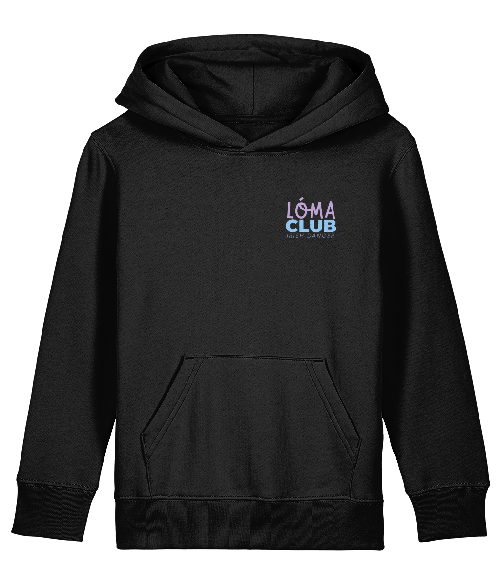 Black LÓMA Core kids' Irish dance hoodie with Lilac and Blue LÓMA Club Irish Dancer print