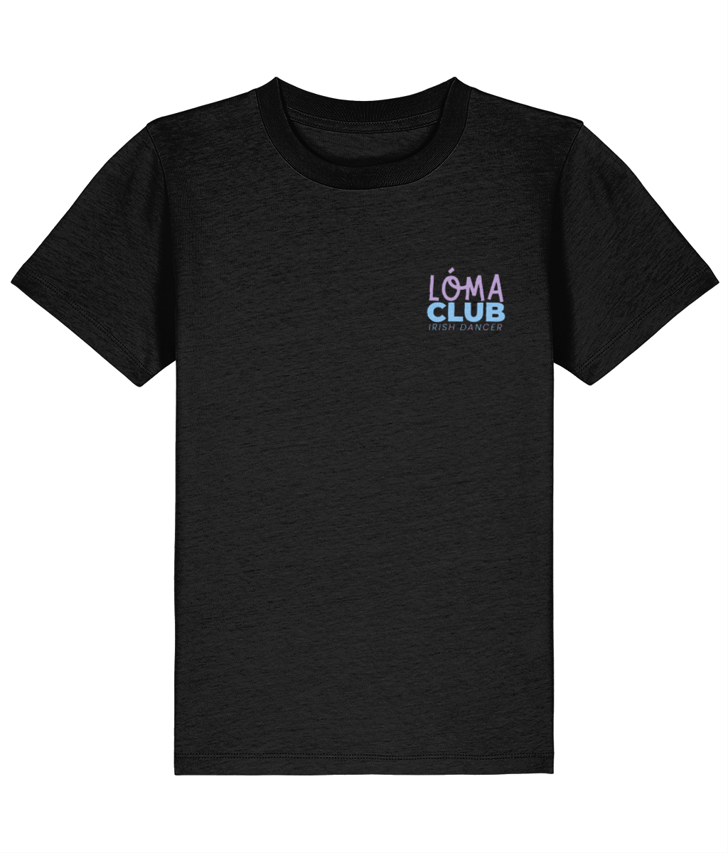 Black LÓMA Core kids' Irish dance T-shirt with Lilac and Blue LÓMA Club Irish Dancer print