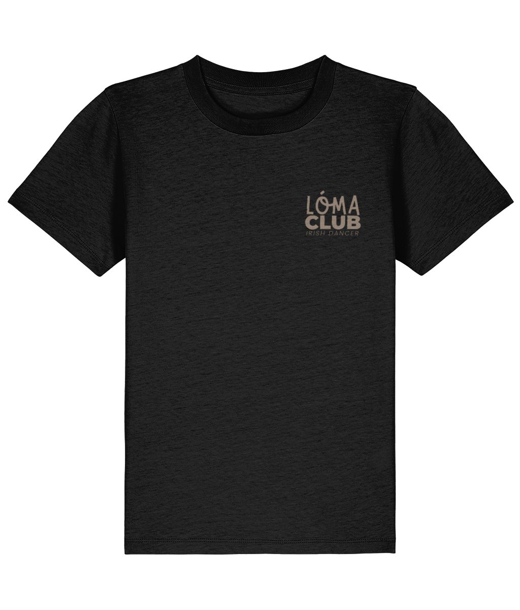 Black LÓMA Core kids' Irish dance T-shirt with Taupe LÓMA Club Irish Dancer print