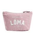Soft washed pink recycled cotton Lóma Club Pouch featuring white varsity lettering, designed for Irish dancers to store accessories, competition essentials and everyday items.