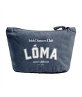 Mid blue recycled cotton Lóma Club Pouch featuring white varsity lettering, designed for Irish dancers to store dance accessories, hair pieces and everyday essentials.