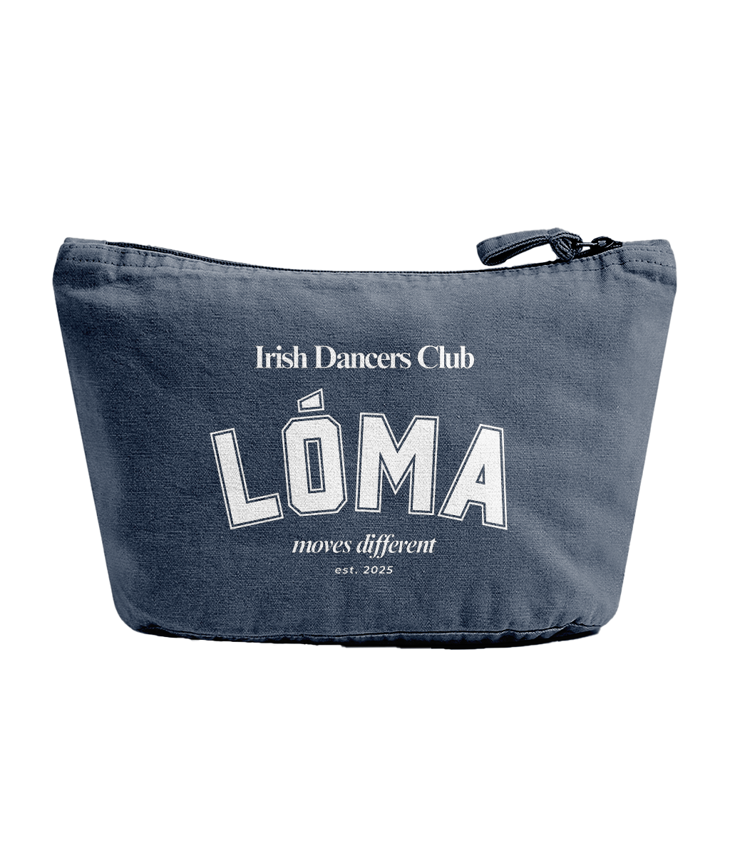 Mid blue recycled cotton Lóma Club Pouch featuring white varsity lettering, designed for Irish dancers to store dance accessories, hair pieces and everyday essentials.