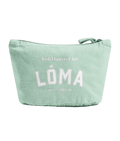 Light green recycled cotton Lóma Club Pouch featuring white varsity lettering, designed for Irish dancers to store accessories, competition essentials and everyday items.