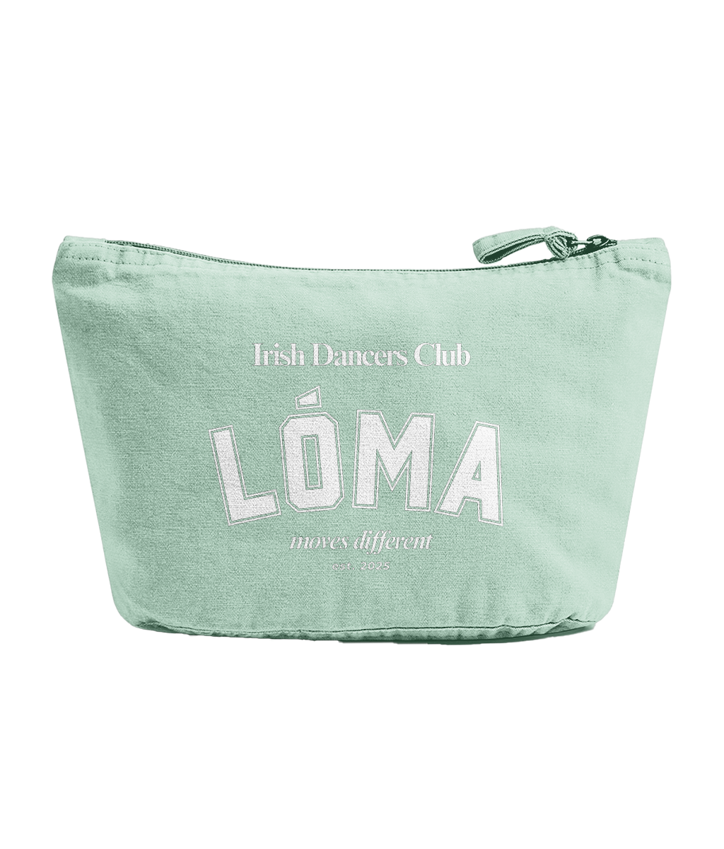 Light green recycled cotton Lóma Club Pouch featuring white varsity lettering, designed for Irish dancers to store accessories, competition essentials and everyday items.