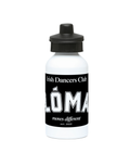Black 400ml aluminium Lóma Club water bottle with white varsity lettering and two BPA-free lids.
