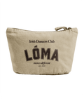 Sand coloured recycled cotton Lóma Club Pouch featuring espresso brown varsity lettering, designed for Irish dancers to store accessories, competition essentials and everyday items.