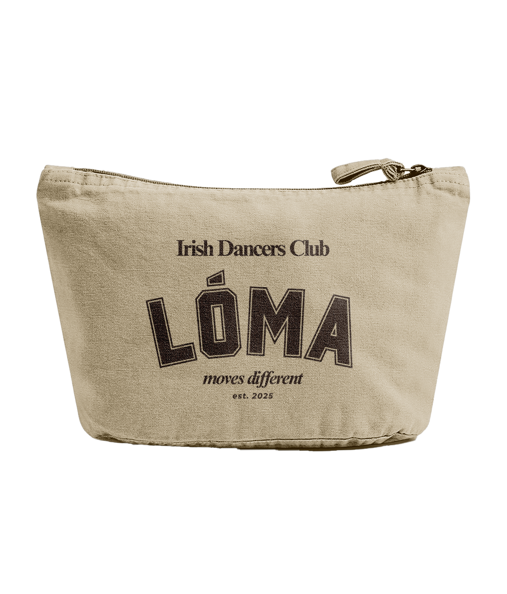 Sand coloured recycled cotton Lóma Club Pouch featuring espresso brown varsity lettering, designed for Irish dancers to store accessories, competition essentials and everyday items.