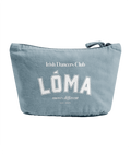Sky blue recycled cotton Lóma Club Pouch featuring white varsity lettering, perfect for storing Irish dance accessories, hair pieces, and everyday essentials.