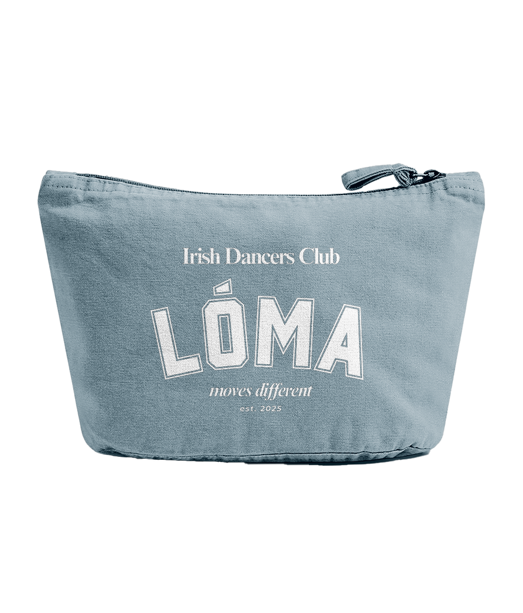 Sky blue recycled cotton Lóma Club Pouch featuring white varsity lettering, perfect for storing Irish dance accessories, hair pieces, and everyday essentials.