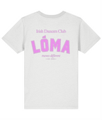 LÓMA Club Tee in White with Pink Bloom varsity back print