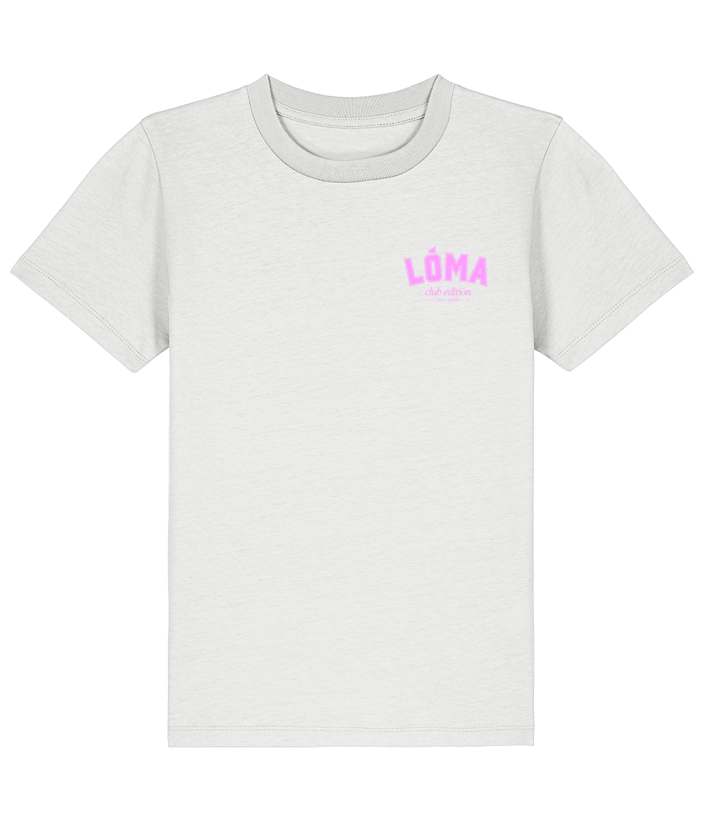 LÓMA Club Tee in White with Pink Bloom front logo for kids