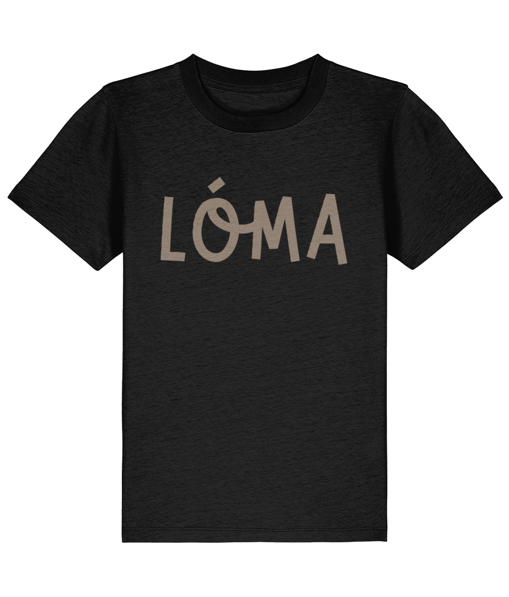 Black LÓMA Core Logo kids' Irish dance T-shirt with Taupe LÓMA print