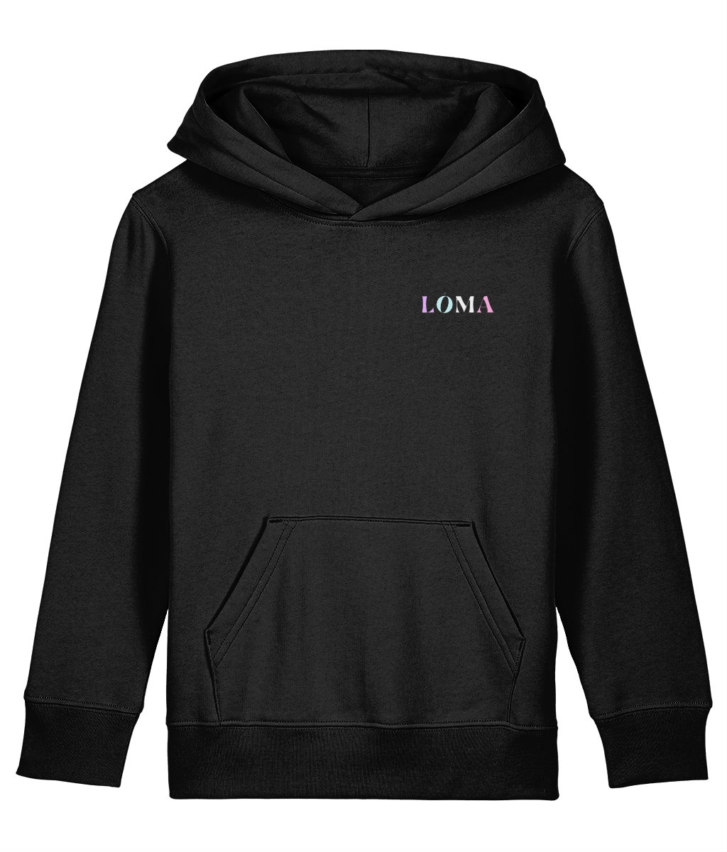 Black LÓMA Moves Different kids' Irish dance hoodie with Pink and Blue chest logo