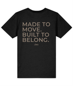 Taupe Made to Move Built to Belong back print on black LÓMA kids' Irish dance T-shirt