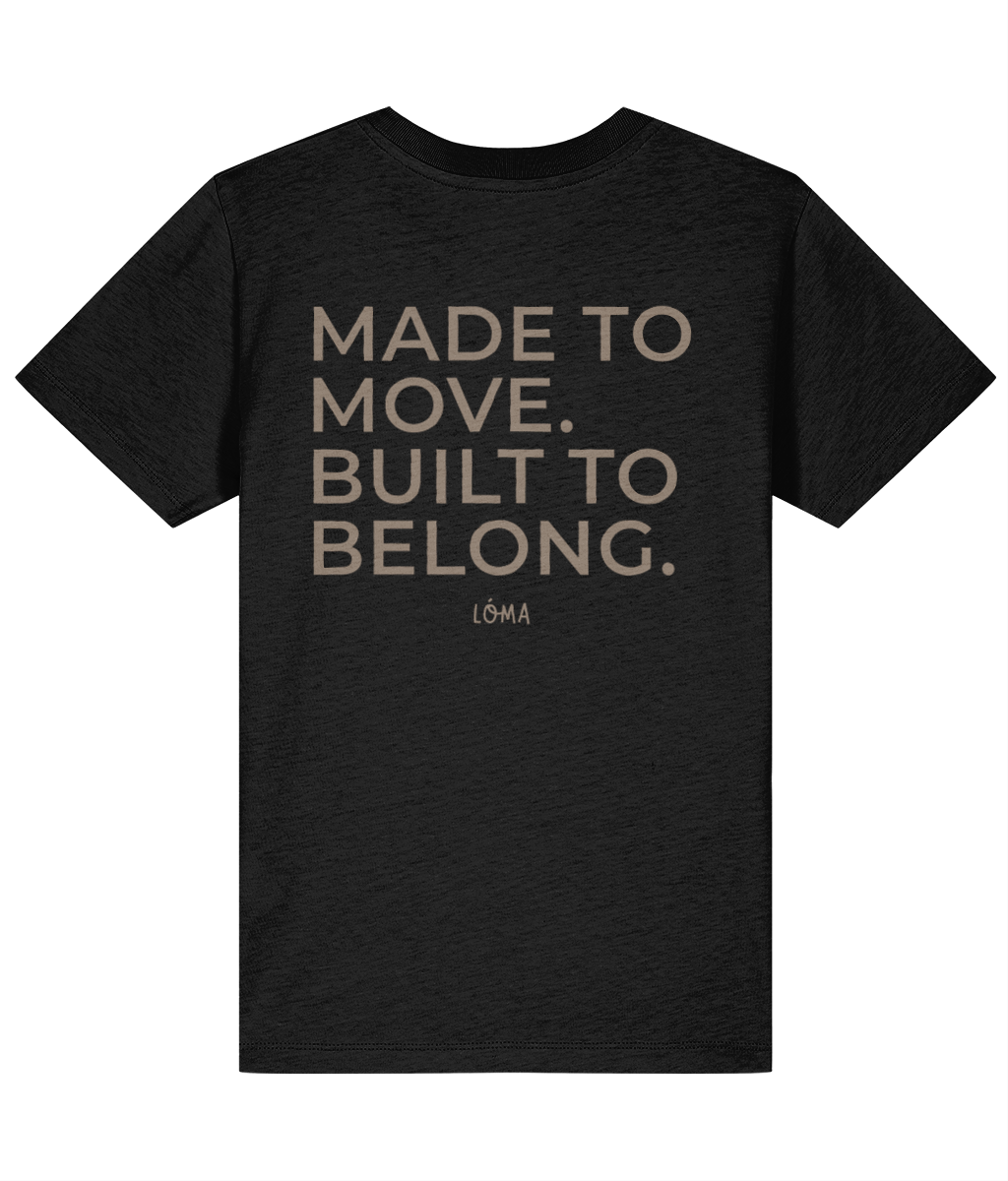 Taupe Made to Move Built to Belong back print on black LÓMA kids' Irish dance T-shirt