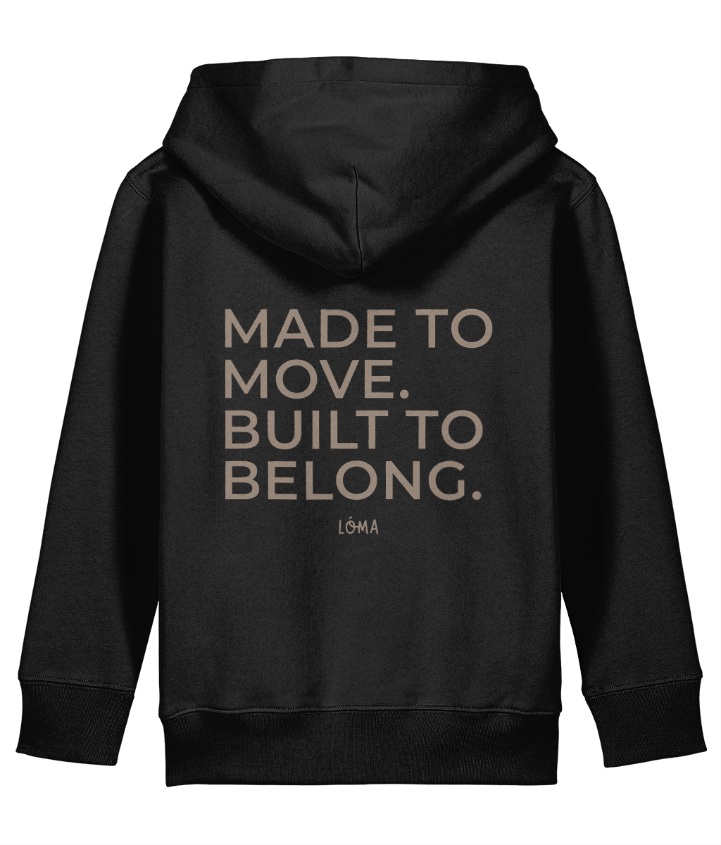 Taupe Made to Move Built to Belong back print on black LÓMA kids' Irish dance hoodie