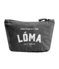 Midnight recycled cotton Lóma Club Pouch featuring white varsity lettering, designed for Irish dancers to organise dance accessories, competition essentials and everyday items.