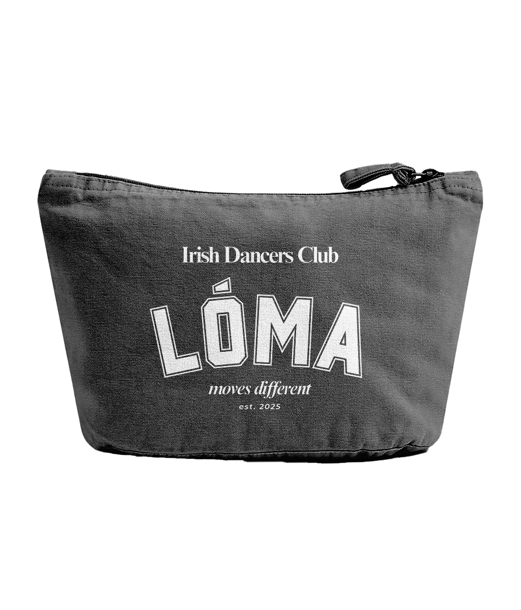 Midnight recycled cotton Lóma Club Pouch featuring white varsity lettering, designed for Irish dancers to organise dance accessories, competition essentials and everyday items.
