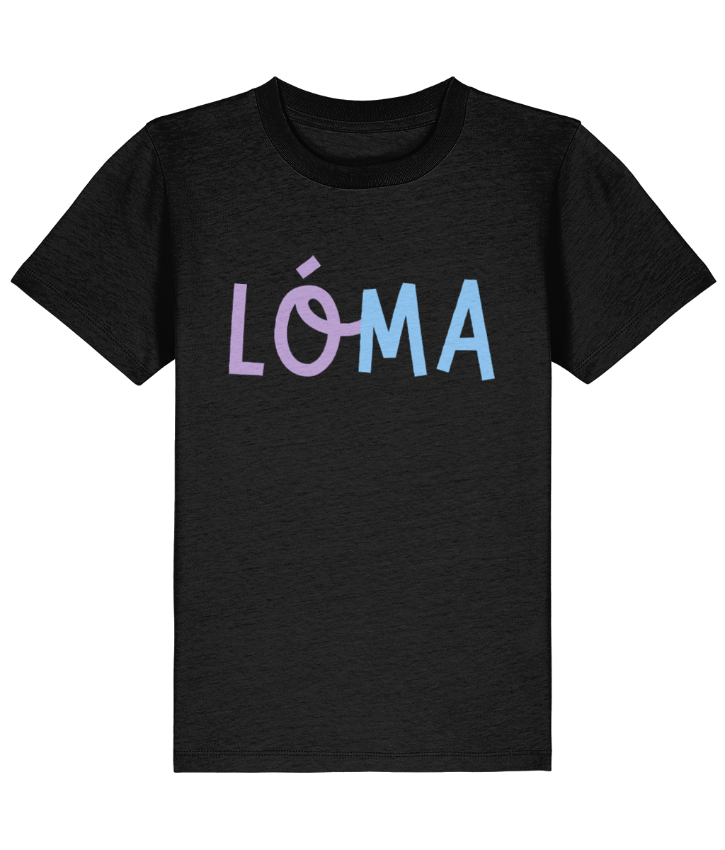 Black LÓMA Core Logo kids' Irish dance T-shirt with Pink and Blue LÓMA print