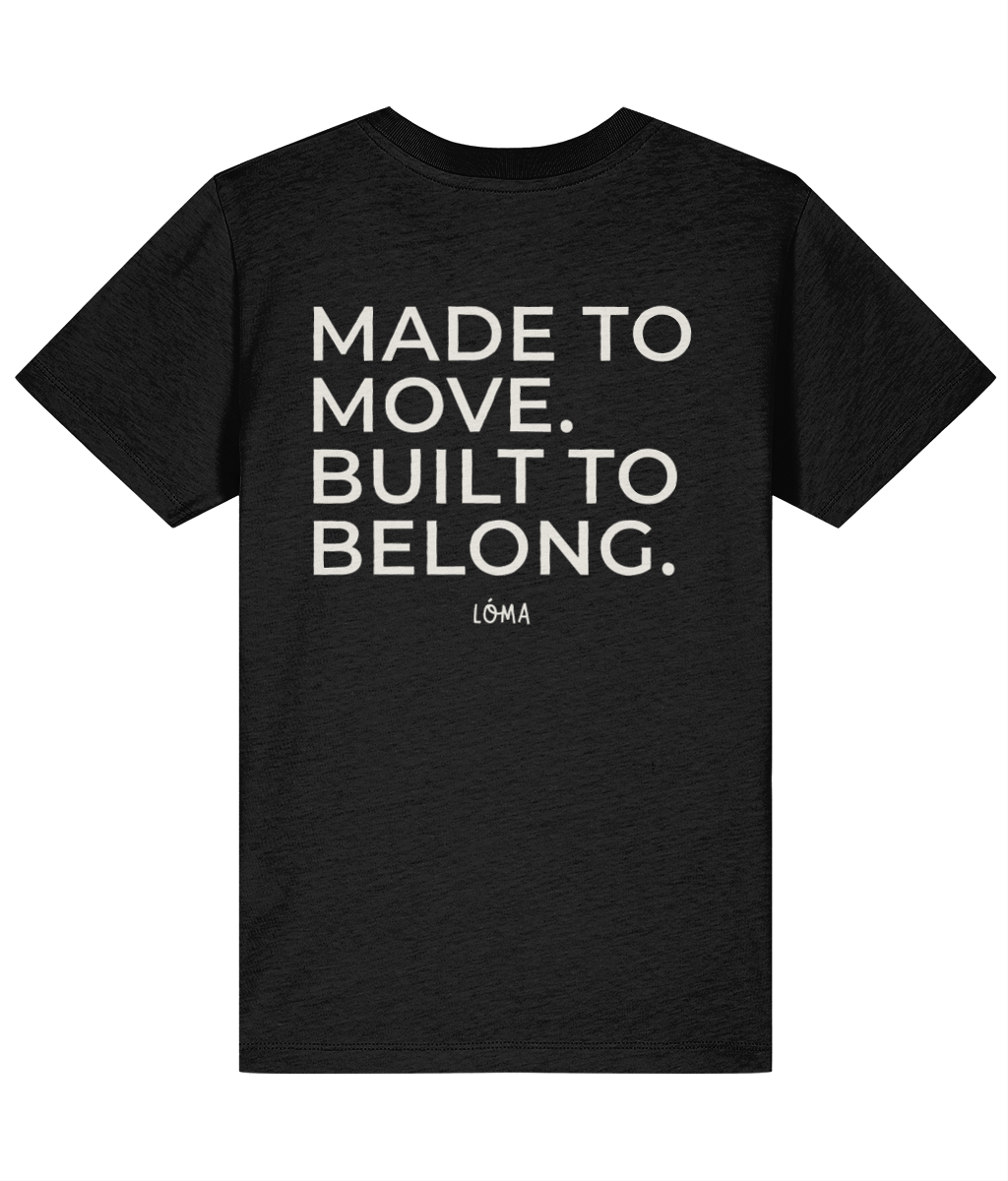 Cream Made to Move Built to Belong back print on black LÓMA kids' Irish dance T-shirt