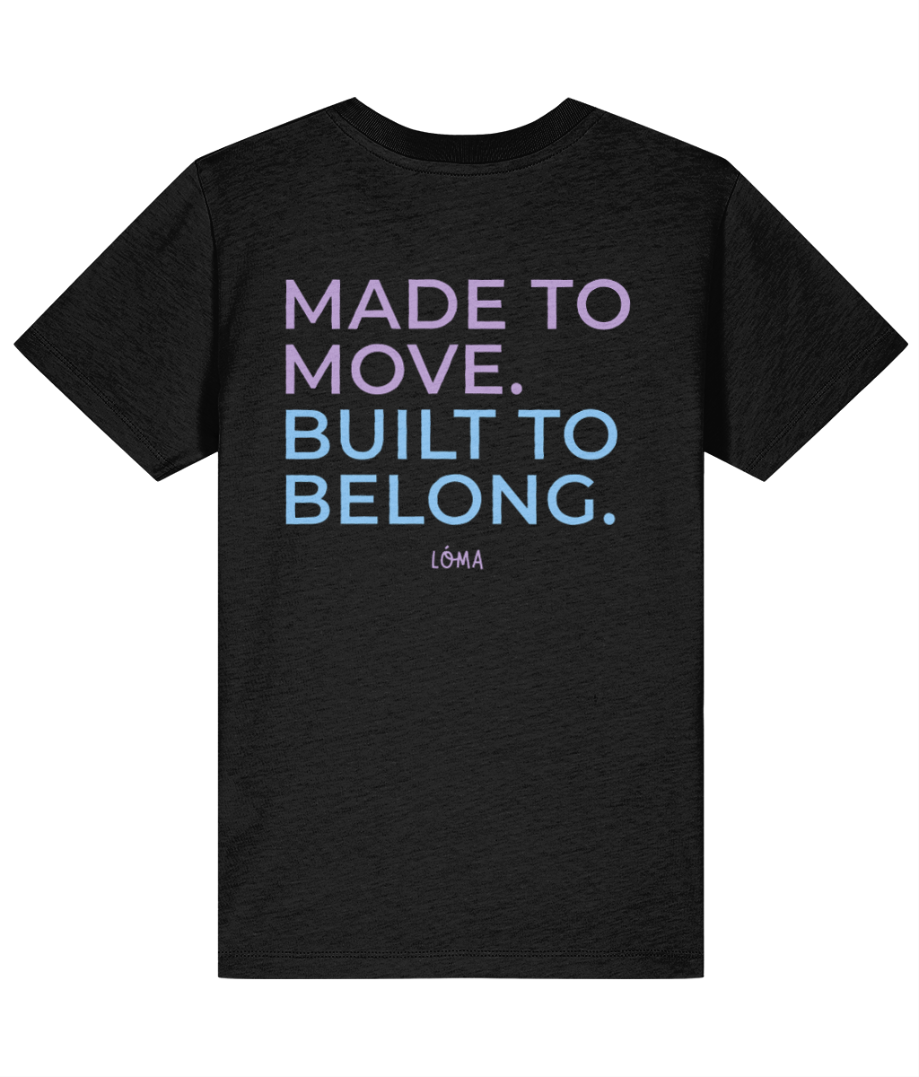Pink and Blue Made to Move Built to Belong back print on black LÓMA kids' Irish dance T-shirt