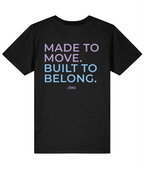 Pink and Blue Made to Move Built to Belong back print on black LÓMA kids' Irish dance T-shirt