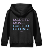 Pink and Blue Made to Move Built to Belong back print on black LÓMA kids' Irish dance hoodie