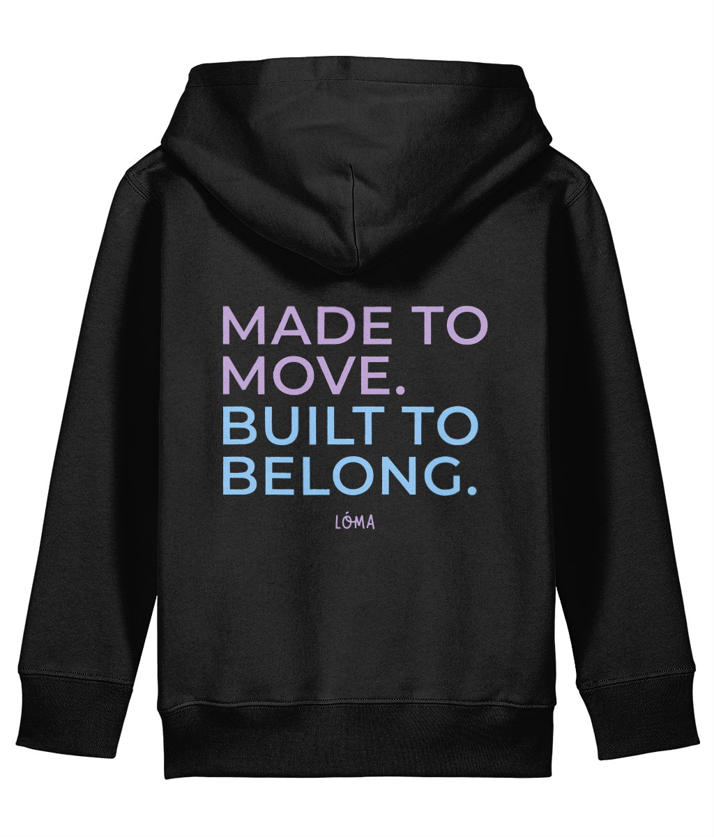 Pink and Blue Made to Move Built to Belong back print on black LÓMA kids' Irish dance hoodie