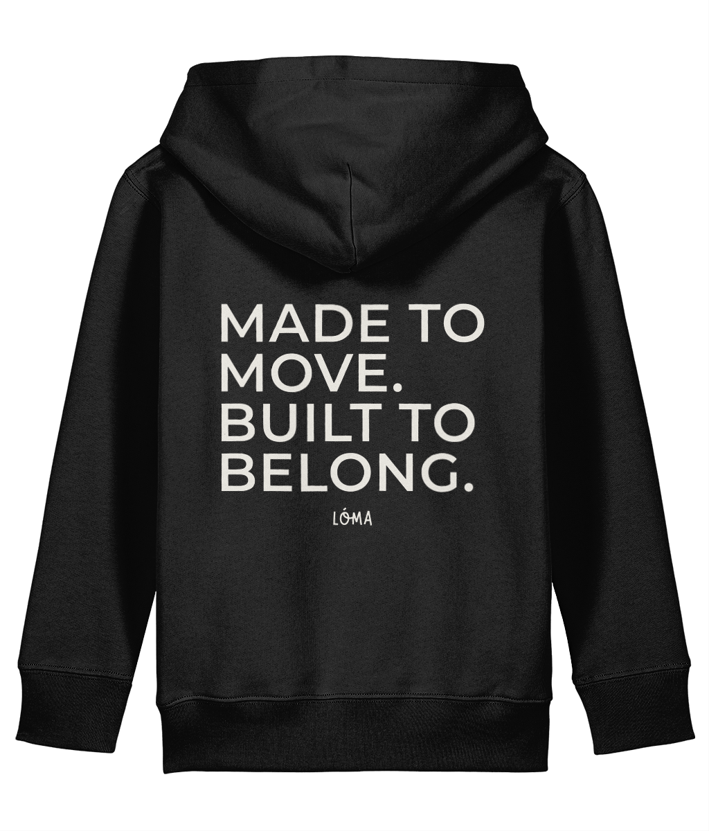 Cream Made to Move Built to Belong back print on black LÓMA kids' Irish dance hoodie